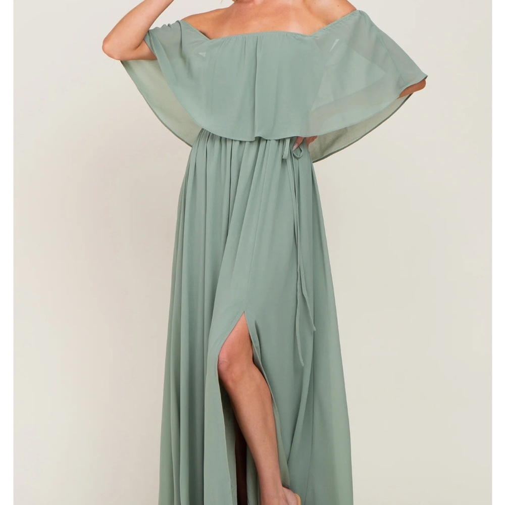 Light Olive Chiffon Off Shoulder Maxi Dress
